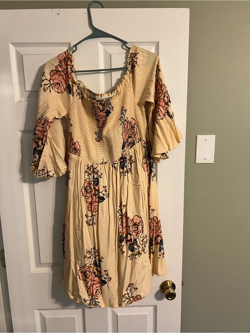 Floral Smocked off the shoulder Dress in Cream with Pink Roses